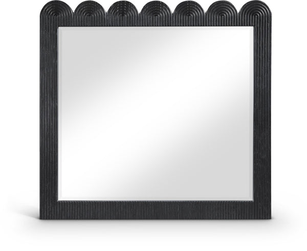 Meridian Furniture Scallop Oak Veneer Wall Mirror with Art Deco Fluted Frame for Bedroom or Living Room Decor Black 334Black-M