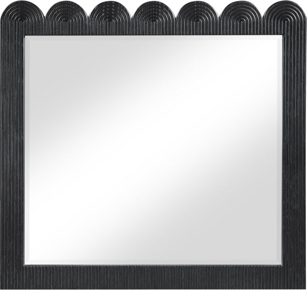 Meridian Furniture Scallop Oak Veneer Wall Mirror with Art Deco Fluted Frame for Bedroom or Living Room Decor Black 334Black-M