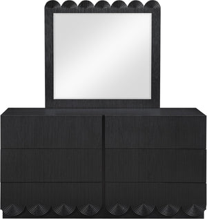 Meridian Furniture Scallop Oak Veneer Wall Mirror with Art Deco Fluted Frame for Bedroom or Living Room Decor Black 334Black-M