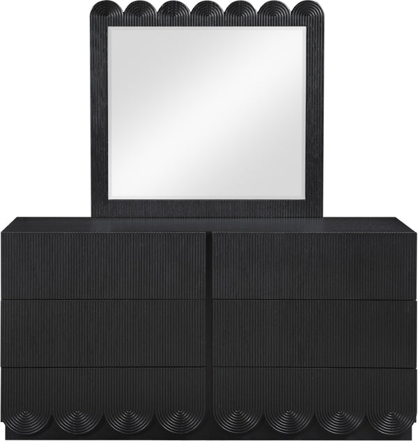 Meridian Furniture Scallop Oak Veneer Wall Mirror with Art Deco Fluted Frame for Bedroom or Living Room Decor Black 334Black-M