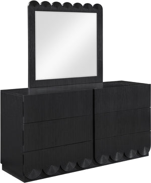 Meridian Furniture Scallop Oak Veneer Wall Mirror with Art Deco Fluted Frame for Bedroom or Living Room Decor Black 334Black-M