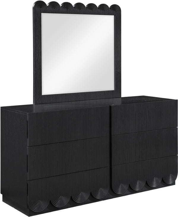 Meridian Furniture Scallop Oak Veneer Wall Mirror with Art Deco Fluted Frame for Bedroom or Living Room Decor Black 334Black-M