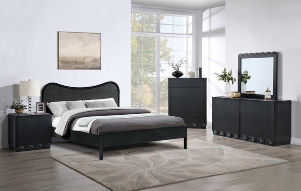 Meridian Furniture Scallop Oak Veneer Wall Mirror with Art Deco Fluted Frame for Bedroom or Living Room Decor Black 334Black-M