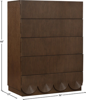 Meridian Furniture Scallop Fluted Oak Veneer Chest Art Deco Sculptural Dresser for Bedroom or Living Storage Brown 334Brown-CH