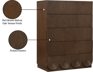 Meridian Furniture Scallop Fluted Oak Veneer Chest Art Deco Sculptural Dresser for Bedroom or Living Storage Brown 334Brown-CH