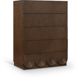 Meridian Furniture Scallop Fluted Oak Veneer Chest Art Deco Sculptural Dresser for Bedroom or Living Storage Brown 334Brown-CH