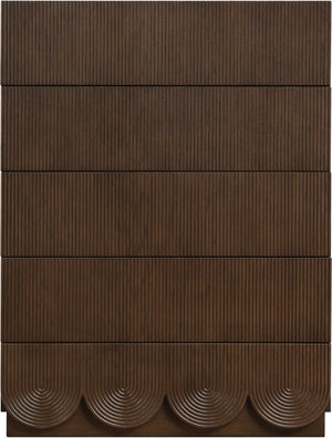 Meridian Furniture Scallop Fluted Oak Veneer Chest Art Deco Sculptural Dresser for Bedroom or Living Storage Brown 334Brown-CH