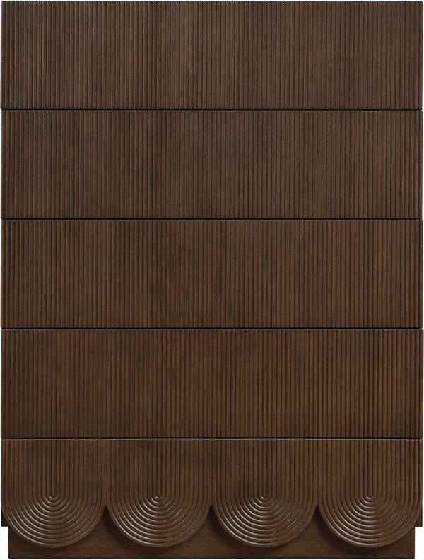 Meridian Furniture Scallop Fluted Oak Veneer Chest Art Deco Sculptural Dresser for Bedroom or Living Storage Brown 334Brown-CH