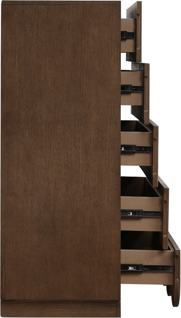 Meridian Furniture Scallop Fluted Oak Veneer Chest Art Deco Sculptural Dresser for Bedroom or Living Storage Brown 334Brown-CH