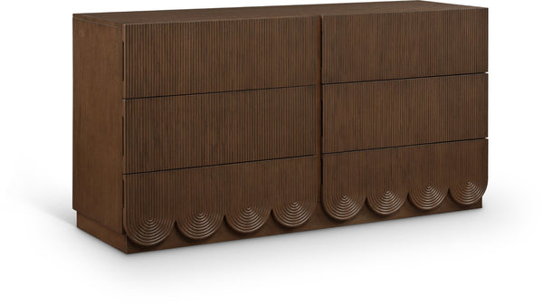 Meridian Furniture Scallop Art Deco Fluted Oak Veneer Dresser with Statement Style for Primary Bedroom Storage Brown 334Brown-D