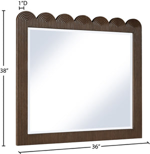 Meridian Furniture Scallop Oak Veneer Wall Mirror with Art Deco Fluted Frame for Bedroom or Living Room Decor Brown 334Brown-M