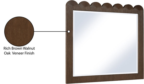 Meridian Furniture Scallop Oak Veneer Wall Mirror with Art Deco Fluted Frame for Bedroom or Living Room Decor Brown 334Brown-M