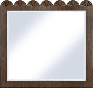 Meridian Furniture Scallop Oak Veneer Wall Mirror with Art Deco Fluted Frame for Bedroom or Living Room Decor Brown 334Brown-M