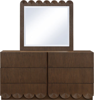 Meridian Furniture Scallop Oak Veneer Wall Mirror with Art Deco Fluted Frame for Bedroom or Living Room Decor Brown 334Brown-M