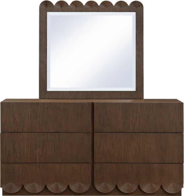 Meridian Furniture Scallop Oak Veneer Wall Mirror with Art Deco Fluted Frame for Bedroom or Living Room Decor Brown 334Brown-M