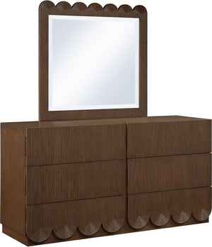 Meridian Furniture Scallop Oak Veneer Wall Mirror with Art Deco Fluted Frame for Bedroom or Living Room Decor Brown 334Brown-M