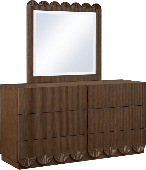 Meridian Furniture Scallop Oak Veneer Wall Mirror with Art Deco Fluted Frame for Bedroom or Living Room Decor Brown 334Brown-M