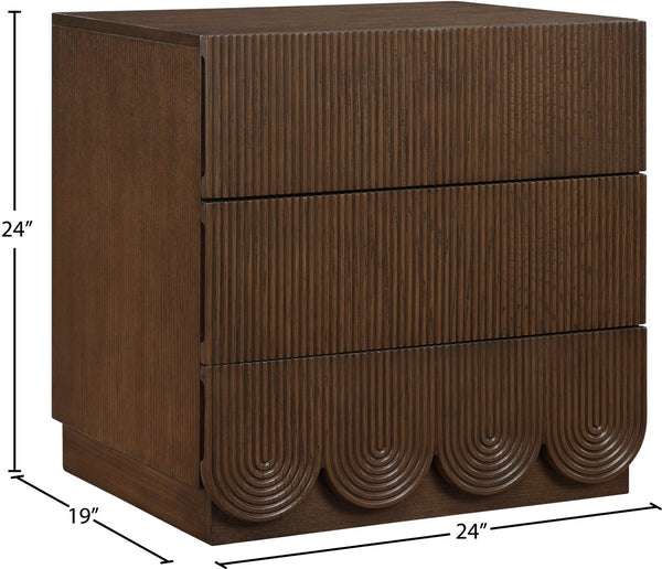 Meridian Furniture Scallop Art Deco Oak Veneer Nightstand with Fluted Drawer Fronts for Stylish Bedroom Decor Brown 334Brown-NS