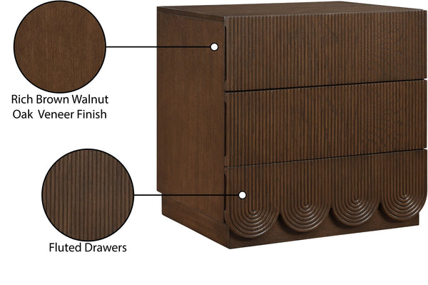 Meridian Furniture Scallop Art Deco Oak Veneer Nightstand with Fluted Drawer Fronts for Stylish Bedroom Decor Brown 334Brown-NS