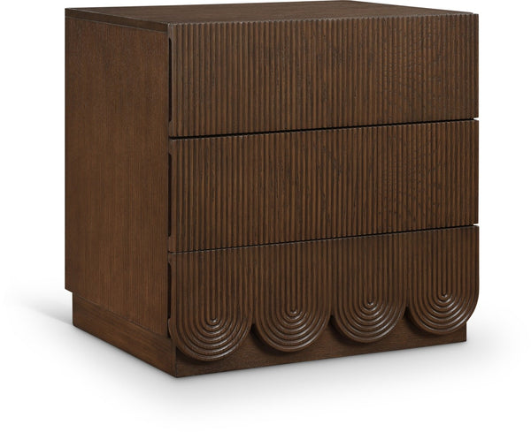 Meridian Furniture Scallop Art Deco Oak Veneer Nightstand with Fluted Drawer Fronts for Stylish Bedroom Decor Brown 334Brown-NS