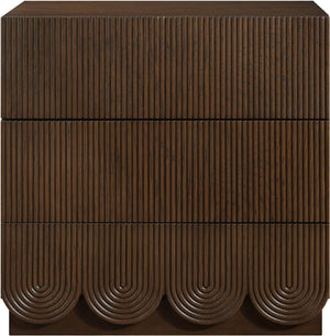 Meridian Furniture Scallop Art Deco Oak Veneer Nightstand with Fluted Drawer Fronts for Stylish Bedroom Decor Brown 334Brown-NS