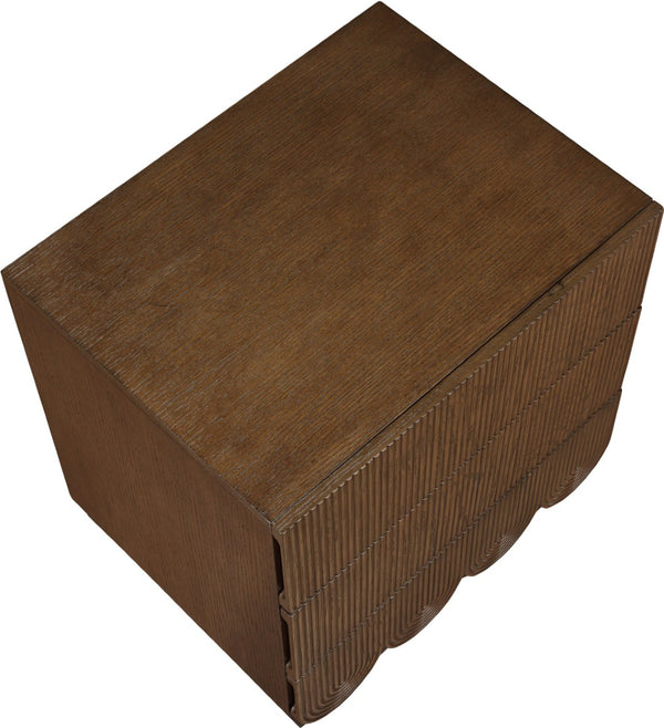 Meridian Furniture Scallop Art Deco Oak Veneer Nightstand with Fluted Drawer Fronts for Stylish Bedroom Decor Brown 334Brown-NS