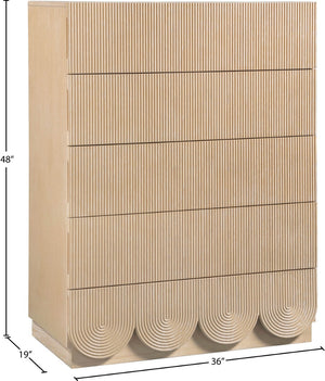 Meridian Furniture Scallop Fluted Oak Veneer Chest Art Deco Sculptural Dresser for Bedroom or Living Storage Natural 334Natural-CH