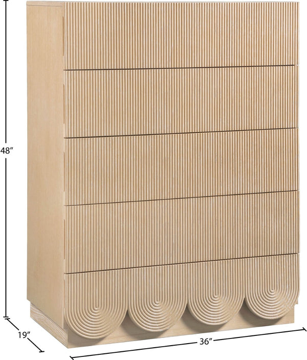 Meridian Furniture Scallop Fluted Oak Veneer Chest Art Deco Sculptural Dresser for Bedroom or Living Storage Natural 334Natural-CH