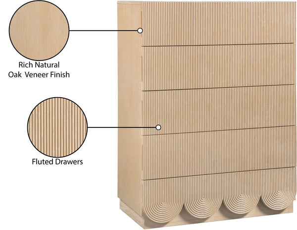 Meridian Furniture Scallop Fluted Oak Veneer Chest Art Deco Sculptural Dresser for Bedroom or Living Storage Natural 334Natural-CH