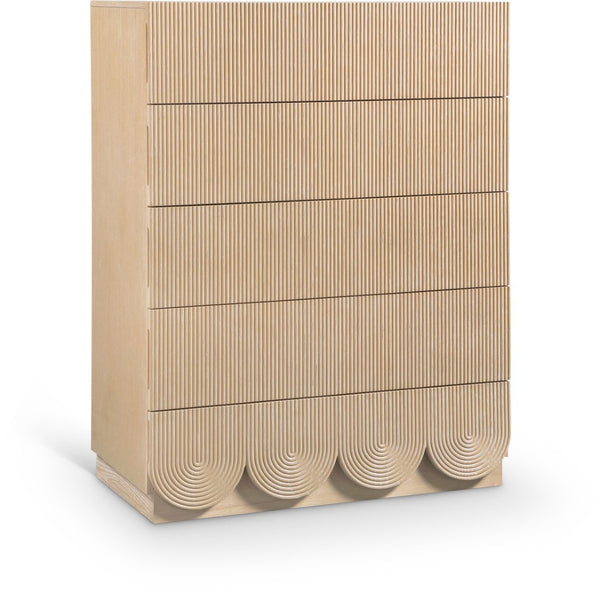 Meridian Furniture Scallop Fluted Oak Veneer Chest Art Deco Sculptural Dresser for Bedroom or Living Storage Natural 334Natural-CH