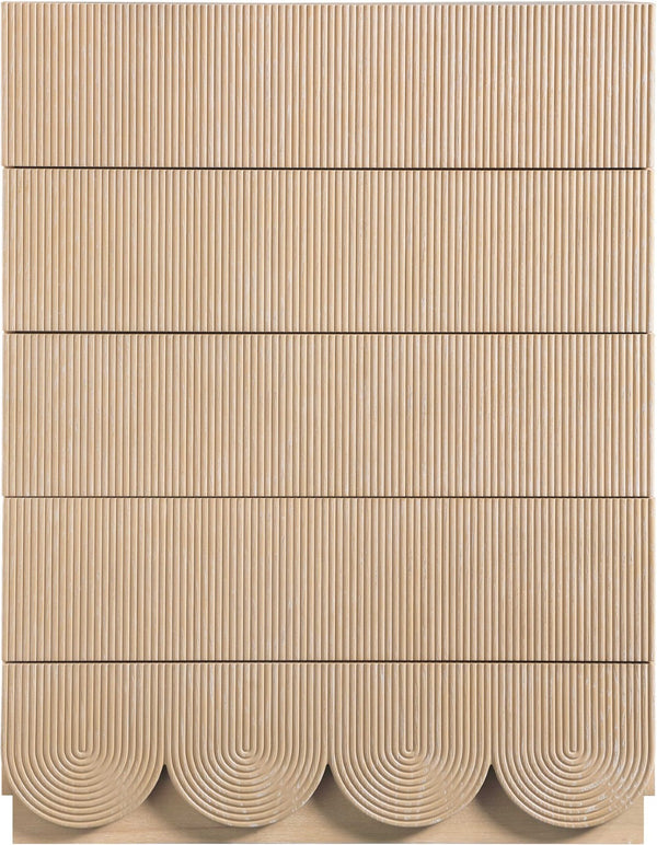 Meridian Furniture Scallop Fluted Oak Veneer Chest Art Deco Sculptural Dresser for Bedroom or Living Storage Natural 334Natural-CH