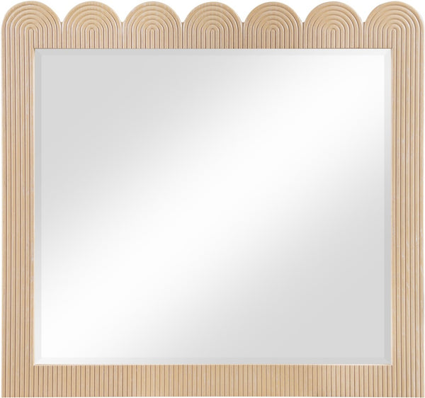 Meridian Furniture Scallop Oak Veneer Wall Mirror with Art Deco Fluted Frame for Bedroom or Living Room Decor Natural 334Natural-M