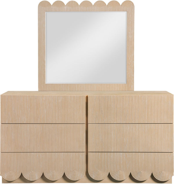 Meridian Furniture Scallop Oak Veneer Wall Mirror with Art Deco Fluted Frame for Bedroom or Living Room Decor Natural 334Natural-M