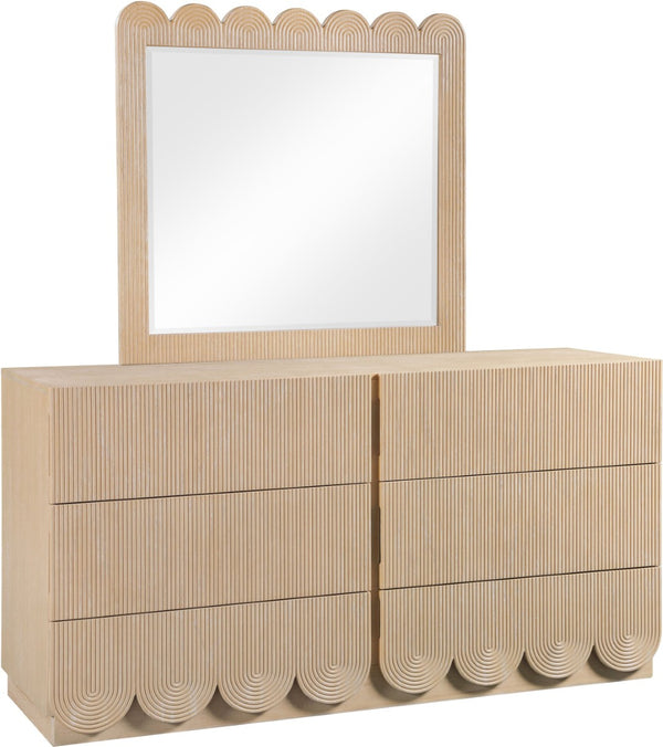 Meridian Furniture Scallop Oak Veneer Wall Mirror with Art Deco Fluted Frame for Bedroom or Living Room Decor Natural 334Natural-M