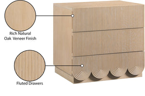 Meridian Furniture Scallop Art Deco Oak Veneer Nightstand with Fluted Drawer Fronts for Stylish Bedroom Decor Natural 334Natural-NS
