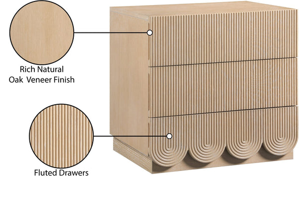 Meridian Furniture Scallop Art Deco Oak Veneer Nightstand with Fluted Drawer Fronts for Stylish Bedroom Decor Natural 334Natural-NS