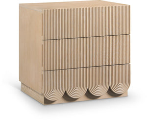 Meridian Furniture Scallop Art Deco Oak Veneer Nightstand with Fluted Drawer Fronts for Stylish Bedroom Decor Natural 334Natural-NS