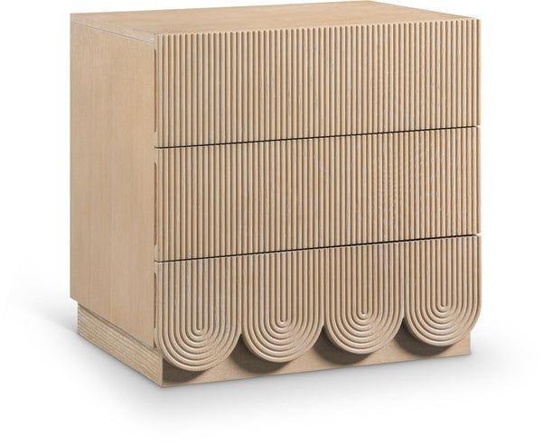 Meridian Furniture Scallop Art Deco Oak Veneer Nightstand with Fluted Drawer Fronts for Stylish Bedroom Decor Natural 334Natural-NS