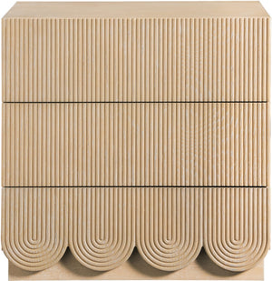 Meridian Furniture Scallop Art Deco Oak Veneer Nightstand with Fluted Drawer Fronts for Stylish Bedroom Decor Natural 334Natural-NS