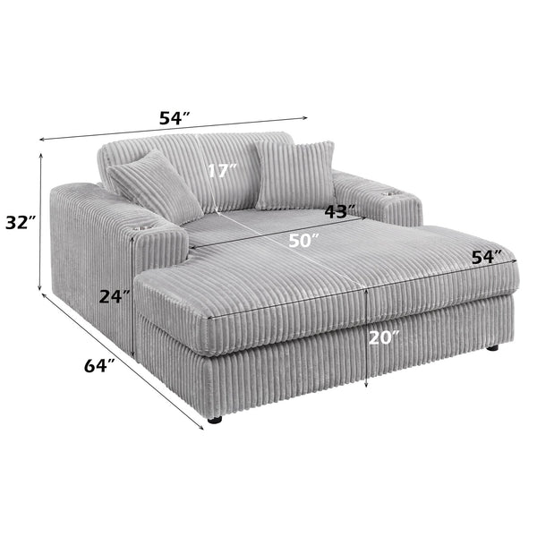 English Elm Hilde Light Gray Corduroy Chaise with 2 Pillows — Pocket Coil Seating, Removable Covers, Cup Holder B2726P345946