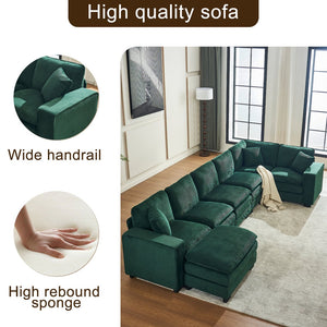 English Elm Modern U Shaped 6-Seat Sectional Sofa with Ottoman and 3 Toss Pillows, Corduroy Modular Comfort and Durable Frame Green W2363S00042