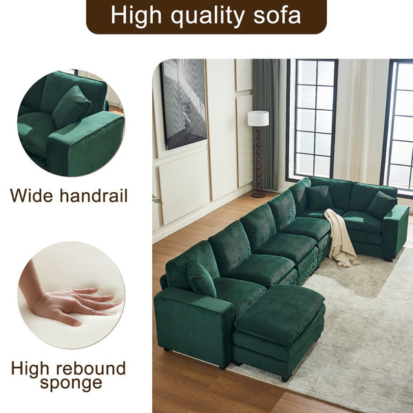 English Elm Modern U Shaped 6-Seat Sectional Sofa with Ottoman and 3 Toss Pillows, Corduroy Modular Comfort and Durable Frame Green W2363S00042