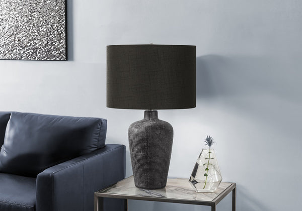 English Elm Lighting, Textured Ceramic Table Lamp with Fabric Shade and 3-Way Rotary Switch for Ambient Glow Black 16 L x 16 W x 17 H B2710P220086