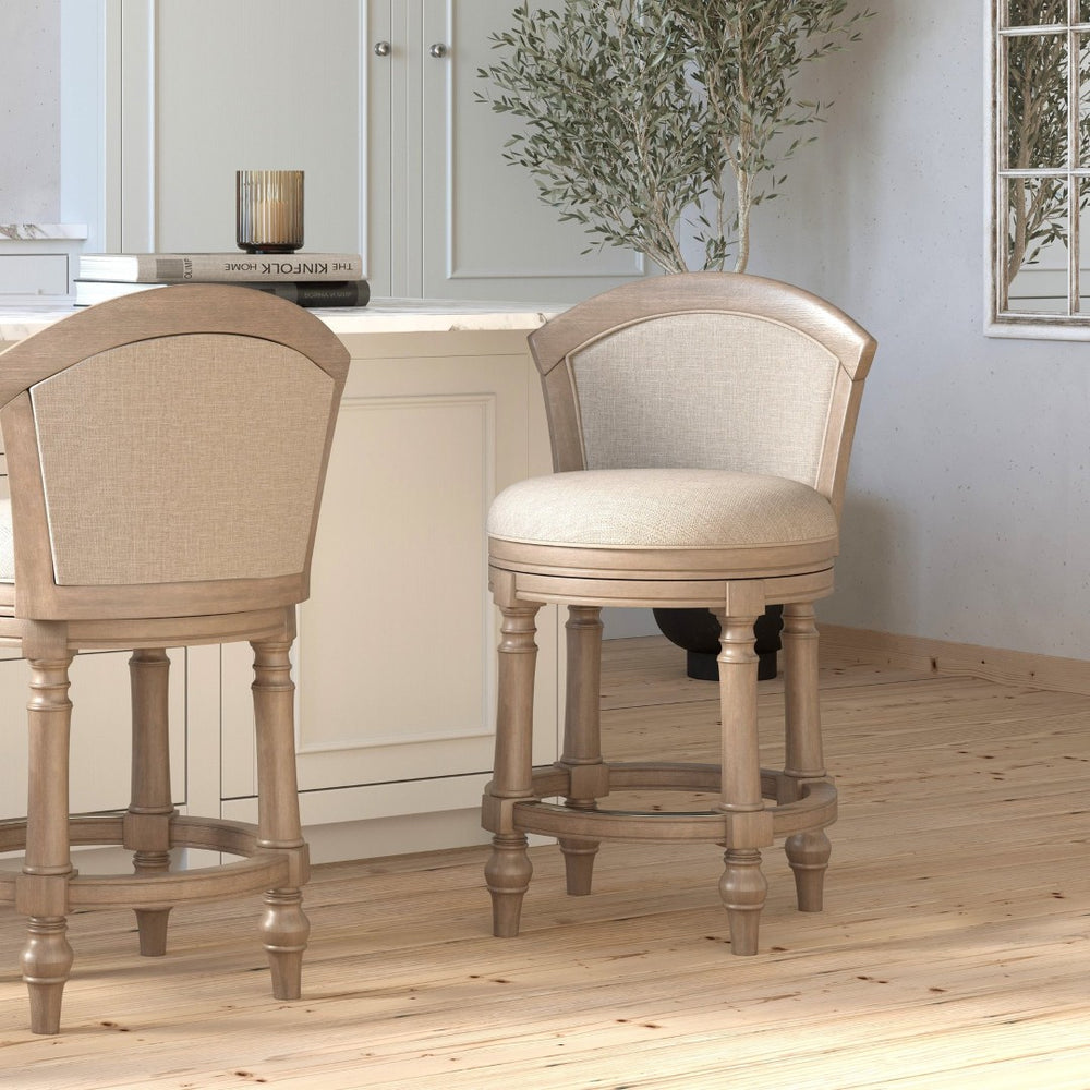 English Elm 26" Farmhouse Barrel Back Swivel Counterstool Upholstered Wood Frame Kitchen Island Seating Gray B2751P436472