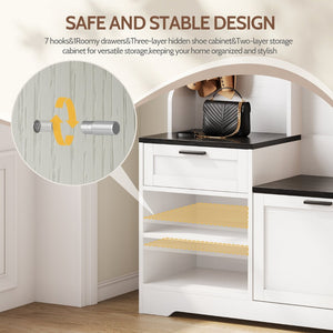 English Elm Hall Tree Entryway Organizer with Bench Seat Shoe Cabinet and Coat Hooks Mdf Farmhouse White+Black T5618P448219