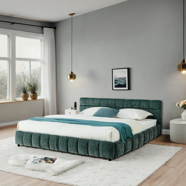 English Elm California King Upholstered Bed Frame With Plush Chenille Fabric, Storage Drawers & Modern Design W487P311314