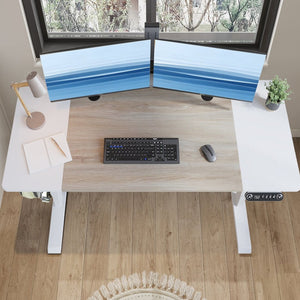 English Elm 63"×30" 63"x30" Electric Sit Stand Desk with Splice Board Top and Motorized Steel Frame White Leg + White + Light Oak W614P431431