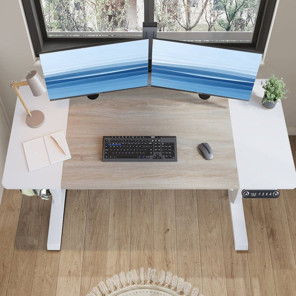 English Elm 63"×30" 63"x30" Electric Sit Stand Desk with Splice Board Top and Motorized Steel Frame White Leg + White + Light Oak W614P431431