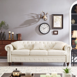 English Elm 85.8" Living Room Chesterfield Sofa with Storage Classic Tufted PU Upholstery Solid Wood Frame, 3-Seater Comfort Ivory White W1097S00150