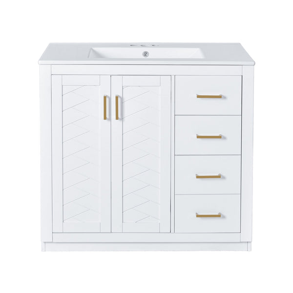 English Elm 36'' Bathroom Vanity with Ceramic Sink Combo Solid Wood Frame Soft-Closing Drawers Ample Storage Elegance White N710P243327K